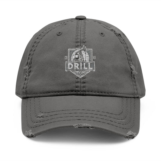 Distressed Dad Hat with 'DRILL Shield' Embroidery - Casual Style
